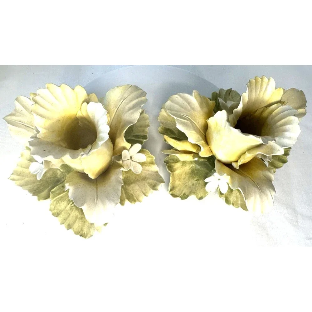 Vintage Set of 2 Mira Capodimonte Rose Single Candle Holders Yellow &White Italy